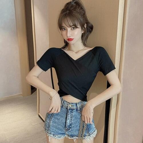 2021Summer Women Slim T-shirt short Sleeve T shirt Cross V-neck Sexy Crop Top short