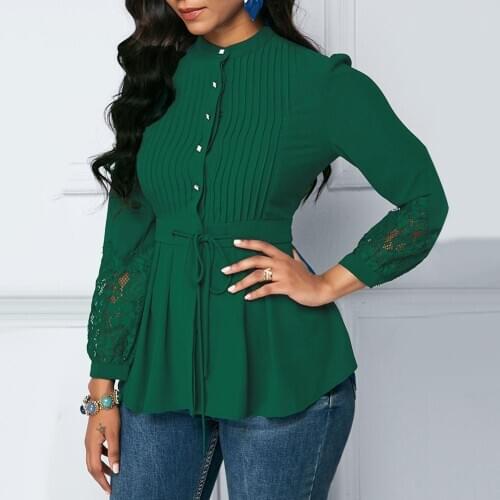 Office Womens Plus Size Solid Color Collar Long Sleeve Lace Stitching Lace Commuter Shirt Top (S-5XL)