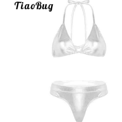 Women Shiny Metallic Swimsuits Triangle Bikini Beach Sexy Lingerie Set Halter Bra Tops with Mid-rise Thong Briefs Underwear