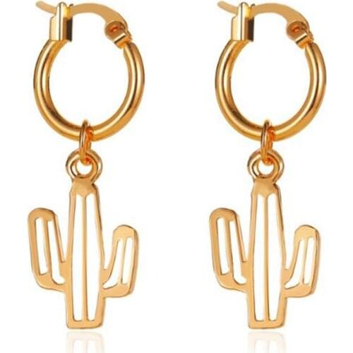 Unique Cactus Pendants Hoop Earrings for Women Female Cute Plants Earings Gold Silver Color Drop Dangle Earring Jewelry Gifts