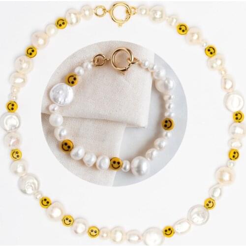 Trendy Smily Face Jewelry Set Real Freshwater Pearl Choker Bracelet Similies Positive Beaded Necklace N Bracelet for Women 2021