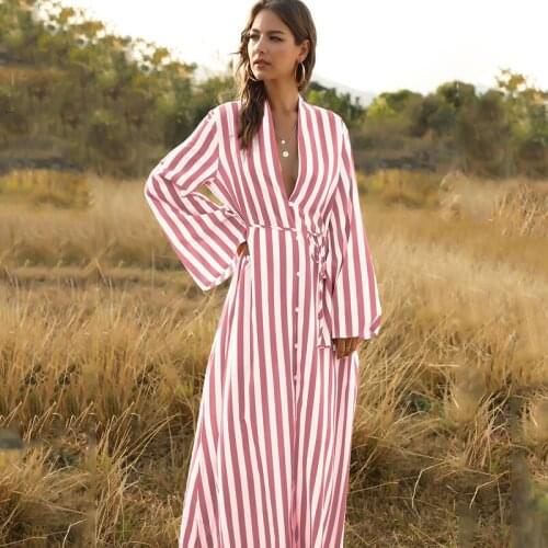 Summer Maxi Dress Women 2021 Spring Fashion V Neck Single-Breasted Striped Long Sleeve Elegant Party Long Dress Beach Outfits