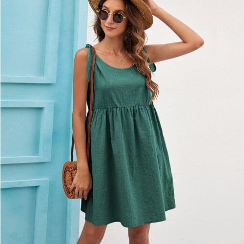 2021 Sleeveless Loose A-line O-neck Bow Solid Color Dress Fashion Casual Vestidos Green Lace Up Dresses For Women Robe Femme