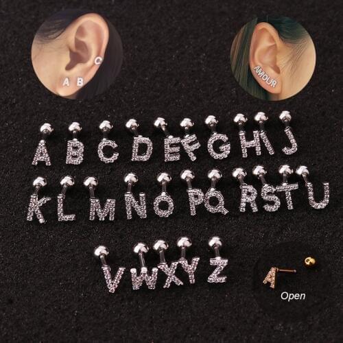 1PC 26 English Letters Cartilage Helix Tragus Stud Earrings Ear Nail Body Jewelry Accessories Gifts for Women