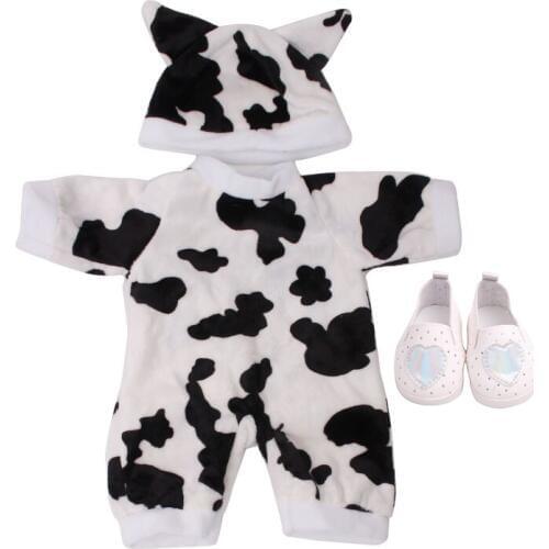 18 inch Girls doll clothes cow onesie pajamas + hat with shoes American new born dress Baby toys fit 43 cm baby dolls c585