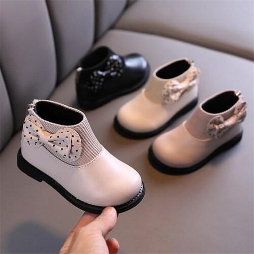 2021 Girls Martin Boots New Winter Children Warm Elegant Princess Plush Bowtie Leather Boots Childrens Cotton Boots