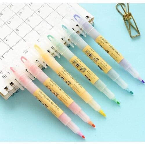 6 Colors/box Unique Visible Tip Pastel Color Highlighter DIY Pen Dual tips Soft Color for school marker Stationery hilighter