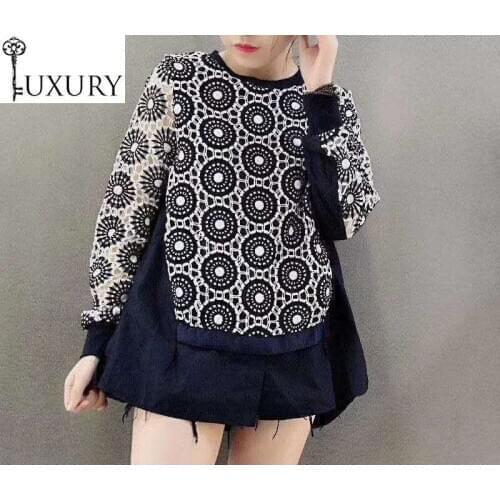 Blouses 2020 Spring Fashion Women O-Neck Crochet Lace Embroidery Patchwork Long Sleeve Asymmetrical White Dark Blue Tops Female