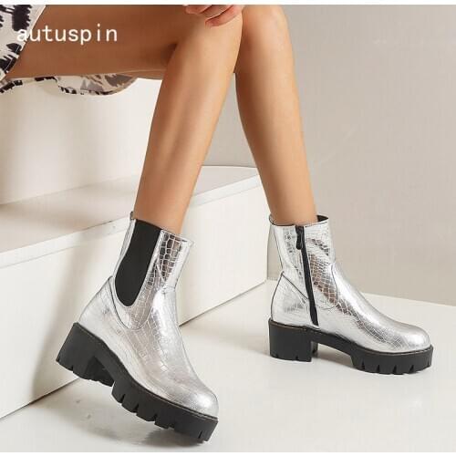 Large Size 34-43 Women PU Leather Boots Fashion Platform Shoes Woman Winter Warm Mid-calf Boots Black Yellow Silver Punk Shoes