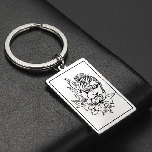 COOLTIME Stainless Steel Keychain for Men Women Buddhism Flower Buddha Charms Silver Color Key Chain for Car Bag Vintage Jewelry
