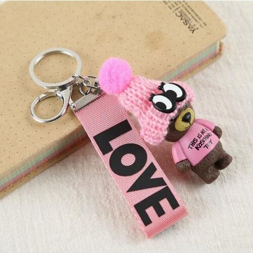 Plush Bear-Shaped Ribbon Love Pendant Keychain for Women Keychain with Bag Trinket Gift for Girl