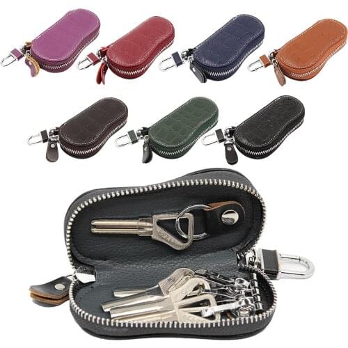 Genuine Leather Car Key Cover Keychain Covers Zipper Key Case Bag Pouch