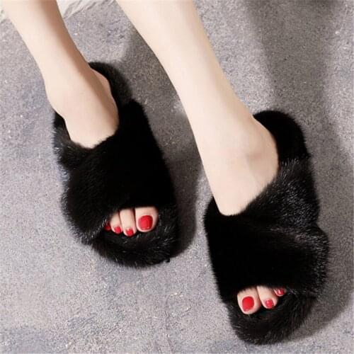 Casual Comofort Cross Fur Slippers Women Real Mink Fur Slides Home Fur Flat Sandals Women Cute Fluffy Home Shoes Woman slippers