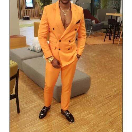 Orange Yellow Double Breasted Men Slim Fit Casual Suits Men Custom Made Grooming 2 Piece Classic Suits Jacket Pants Traje Hombre