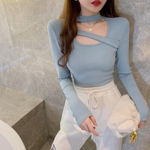 Womens T Shirt Sexy Hollow Out O Neck Long Sleeves Slim Cotton Tops Wholesale Spring Autumn 2021 New Fashion Lady Clothing