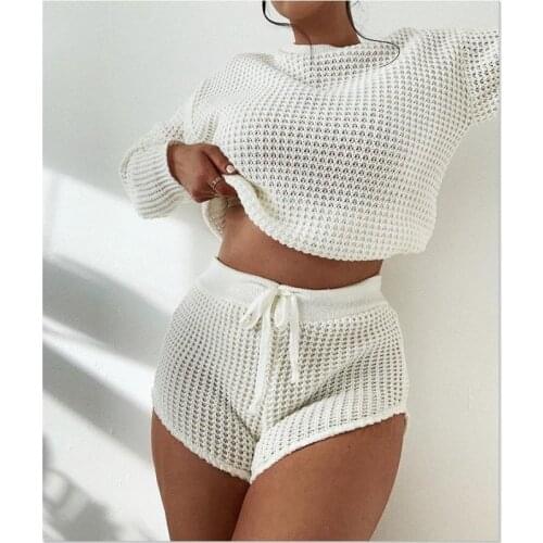 Imcute Women Autumn O Neck Casual Outfits Sweater Sets Long Sleeve Knit Shirt Tops And Loose Shorts Buttom Suit Two Piece Sets