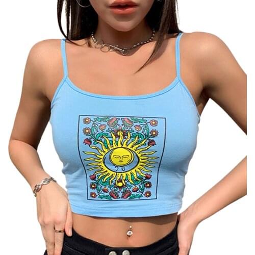 Women Cute Sun Pattern Printed Tank Tops Spaghetti Straps Sleeveless Vest Underwear Clothes