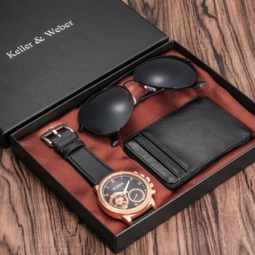 Men Watch Gift Set Chic Rose Gold Case Quartz Digital Clock Black Credit Card Wallet Sunglasses Man Fine Wristwatch Gifts Box