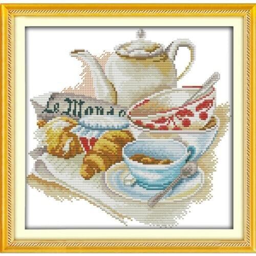 Elegant tea set pattern cross stitch kit 14ct 11ct count printed canvas embroidery set DIY handmade embroidery home decoration