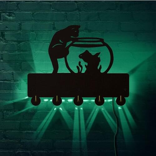 Cat Wall Hanger Hook Fishbowl Decor LED Light Wall Hook Coat Rack Hook Birthday Gift For Animals Lover Living Room Wall Hanger
