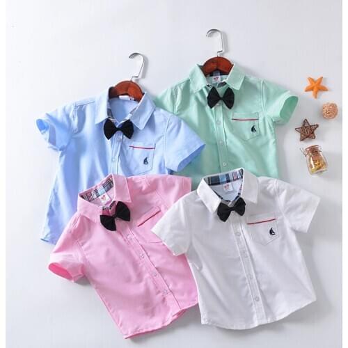 Factory direct sale 2018 summer new short sleeved cotton medium children pocket Bow Tie Shirt