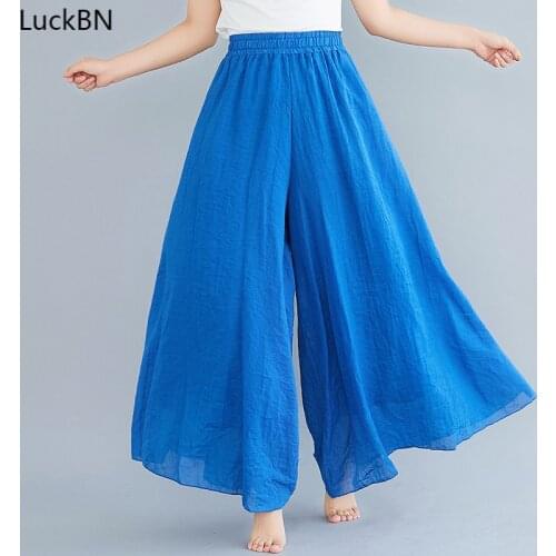Solid Women Wide Leg Skirt Pants & Capris Spring Summer High Waist Ankle Length Pants Cotton Linen Plain Plus Size Trousers 2021