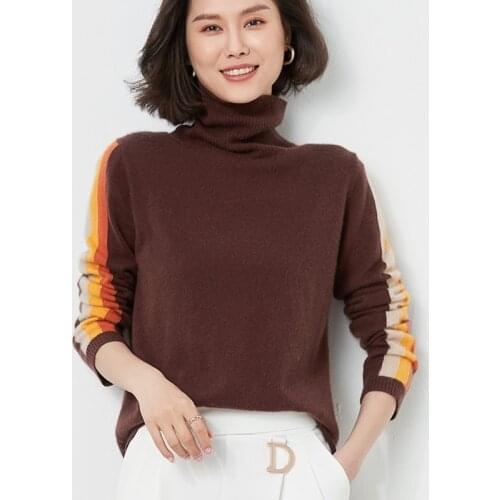 2021 Autumn and Winter Cashmere Sweater Woman High neck Pullover 100% Pure Wool Color Matching Jacket Casual Knitted Tops Warm