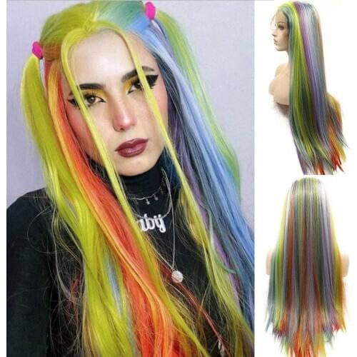 Rainbow Lace Front Wigs for Women Natural Looking Multiple color Long Straight Wig with Baby Hair Best Synthetic Hair 24 Inches