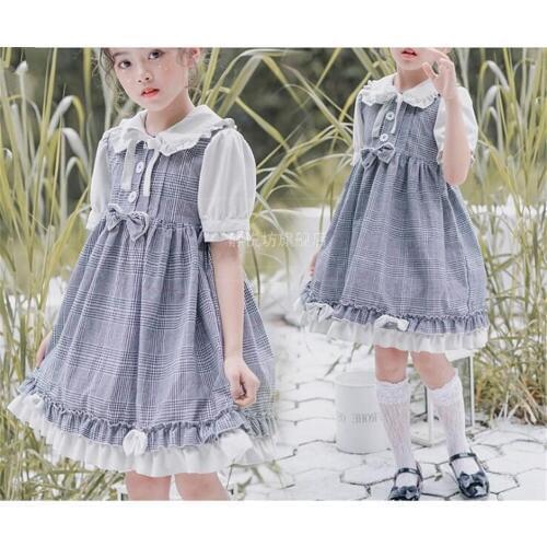 Sweet lolita dress vintage bowknot high waist short/long sleeve lattice victorian dress kawaii girl kids dress B817