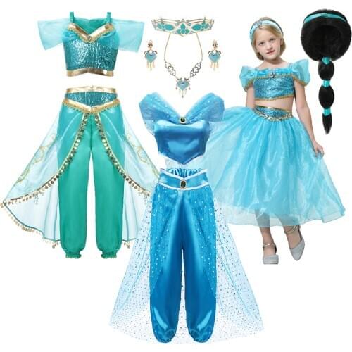 Girls Jasmine Dress Up Clothes Kids Carnival Party Supplies Children Aladdin Blue Green Princess Fancy Girl Birthday Costume