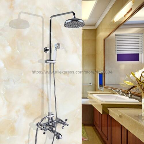 Polished Chrome Bathroom Shower Faucet Dual Handle Rainfall 8 " Showerhead Wall Mounted with Handshower Swive Tub Spout Ncy321