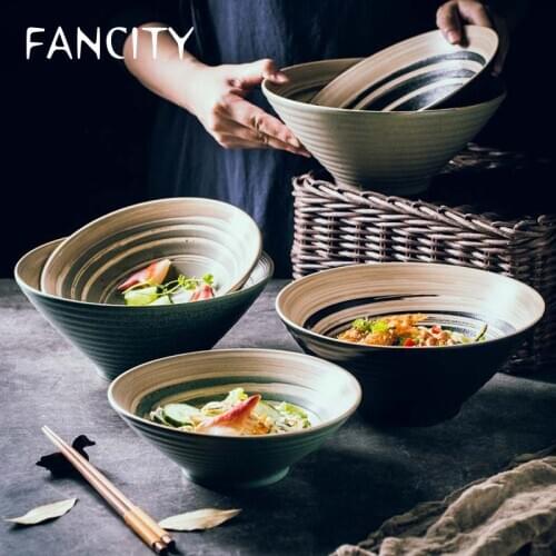 FANCITY Restaurant Japanese Ramen Bowl Large Size Household Bowl Plate Tableware Set Ceramic Bowl Ajisen Bowl Beef Noodle Soup B