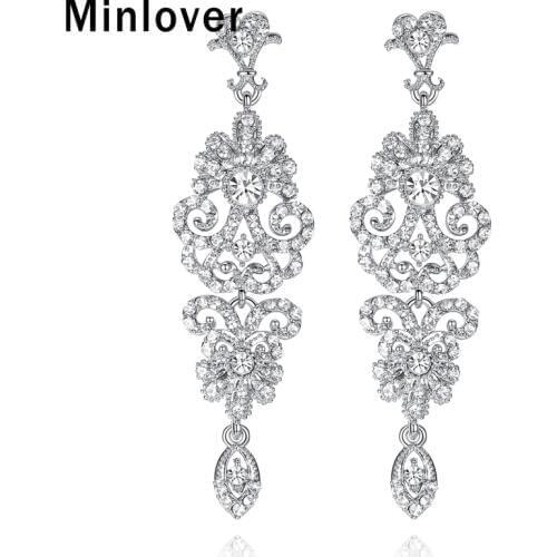 Minlover Luxury Floral Long Drop Earrings for Women Clear Crystal Bridal Bridesmaid Hanging Earrings 2019 Wedding Jewelry MEH948