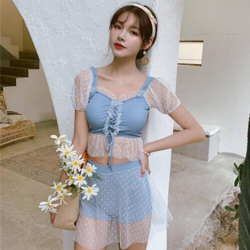Japanese Girl Sexy Polka Dot Printed Mesh Lotus Leaf Hem High Waist Hakama sSyle Hot Spring Sweet And Fresh Two-Piece Swimsuit