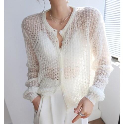 Nowsaa Korea Minority Mohair Hook Flower Women Hollow Breathable Thin Knit Cardigan Sweater 2021 French Spring Autumn Summer