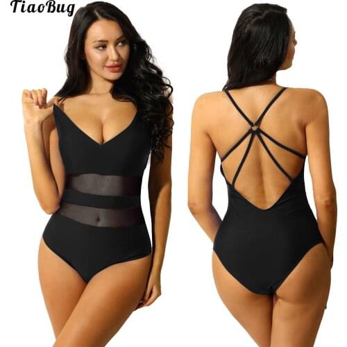 TiaoBug Women Summer Solid Color V Neck 1Pc Bodysuit Bathing Suit Halter Tummy Control Swimwear Beach Jumpsuit