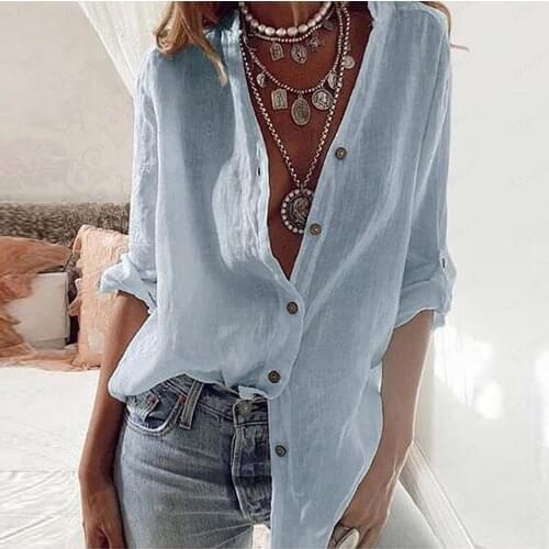 Women V-Neck Solid Buttons Stand Collar Long Sleeves Casual Shirt Blouse Tops