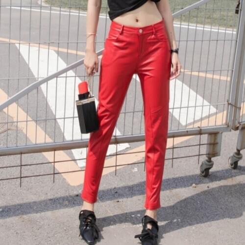 Red Sheepskin Natural Genuine Trousers Lady Streetwear Real Leather Women Slim Fashion Ankle-Length Pencil Pants