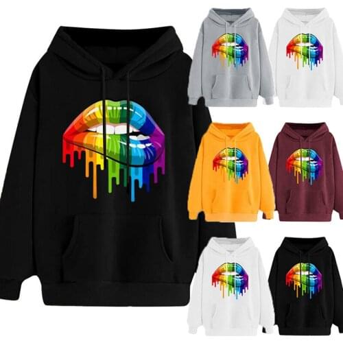 Womens Fleece Hoody Sweatshirts Hoodies Rainbow Color Lip Print Ladies Long Sleeve Casual Hooded Pullover Clothes Sweatshirt