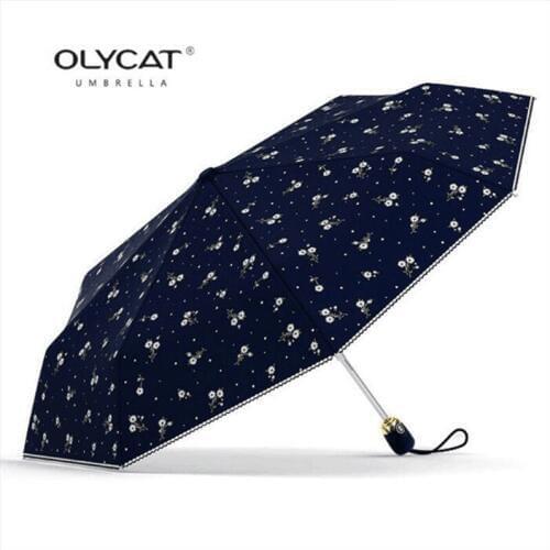 OLYCAT Fully Automatic Triple-folding Printed With Floral Fashion Patterns Wind and Uv Protection Womens Travel Umbrella