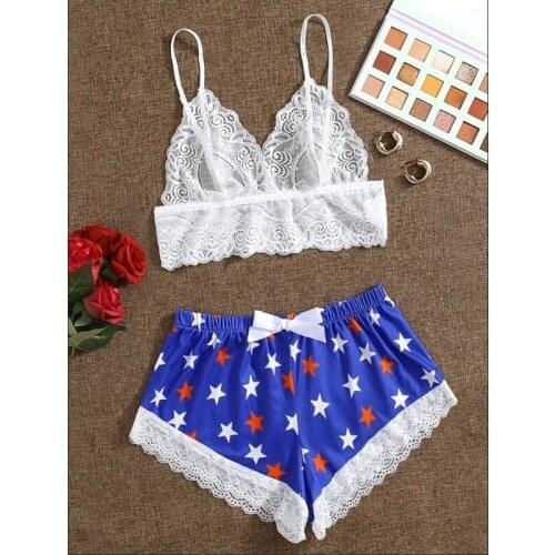 Women Ladies New Lace Nightwear Sleeping See-Through Floral Fall New Fashion Bowknot Sling Bra Sexy Briefs Sets