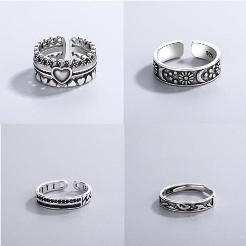 VENTFILLE 925 Sterling Silver Vintage old style hollow ring black love heart Party Jewelry for Women