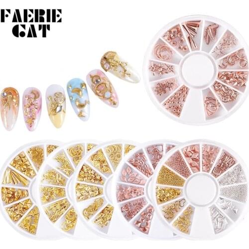 1 Box Rose Gold Star Moon Nail Jewelry Hollow Alloy Rivet Nail Art Decoration Starfish Butterfly Geometric Feather 3d Designs