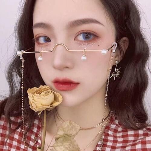 1PC Retro Pearl Pendant No Lense Glasses Half Frame Eyeglasses Glasses Frame Girl Eyewear Without Chain Party Photo Prop