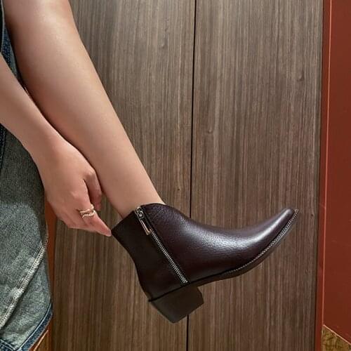 2021 New Autumn/Winter Women Shoes Pointed Toe Chunky Heel Ankle Boots Solid Genuine Leather Short Boots Weatern Boots for Women