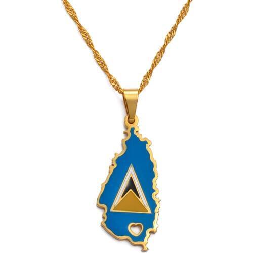 Anniyo Heart Saint Lucia Map and Flag Necklace for Women Girl Gold Color Jewelry St. Lucia Pendant Chains Jewellery #133521