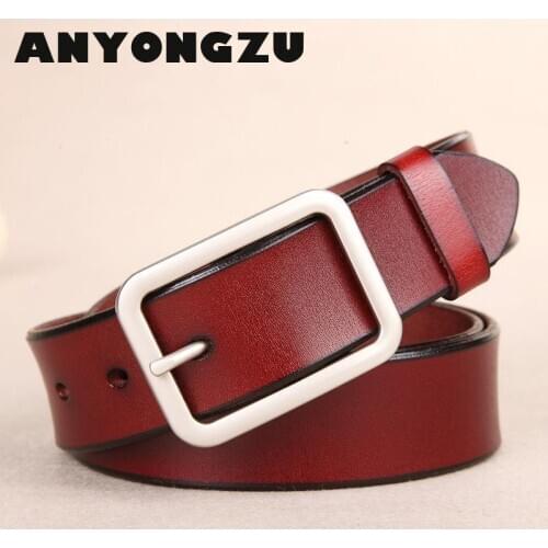 ANYONGZU Design Brand Luxury Women Belt Real cowhide Popular Single Needle Buckle Fashion Slim Red Light Plate Solid Color 115