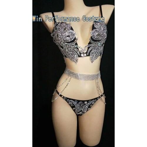 Silver Bright Sexy Bra Low Waist Short Underwear Sequins Dance Wear Two Piece Set Womens Party Dress Female Singer Costume