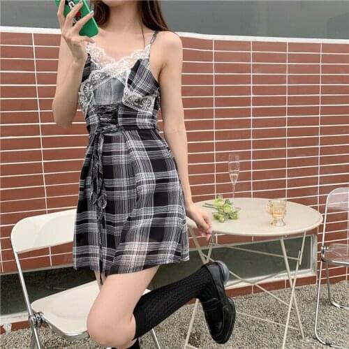 Summer retro hit color plaid lace waist strap dress