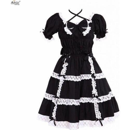 2018 Hot Selling Womens Lolita Dress Gothic Cotton Black Lace Bow Short Sleeves Dark Black Lolita Dress Cosplay XS-XXL